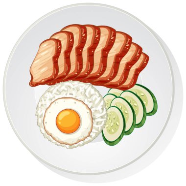 Izgara domuz eti, kızarmış yumurta, pirinç ve salatalık dilimli Asya yemeğinin vektör çizimi.