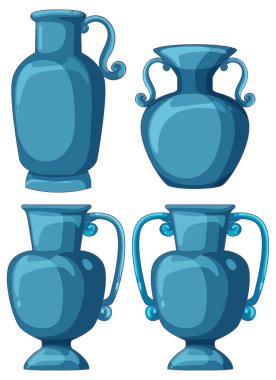 Antik Yunan tarzında dört mavi seramik vazo, vektör çizimi, parlak gölgeler, izole edilmiş