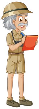 Turuncu panoya not alan haki rengi üniformalı yaşlı bir erkek kâşifin vektör çizimi