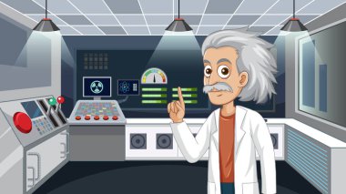 Kontrol panelinin önünde duran laboratuvar önlüklü yaşlı bir bilim adamının karikatür çizimi