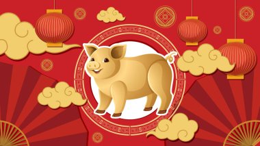 Kırmızı fenerlerin, bulutların ve yelpazelerin ortasında duran altın bir domuz.