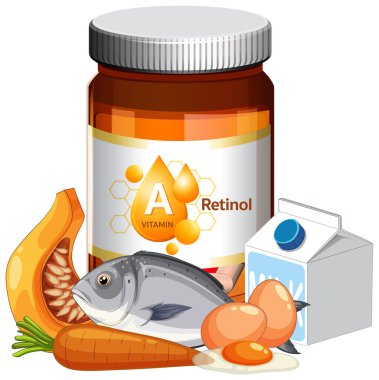A vitamini takviye kavanozuna balık, yumurta, süt, havuç ve balkabağı içeren vektör illüstrasyonu