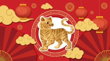Golden tiger vector illustration surrounded by traditional lanterns and clouds on a red background