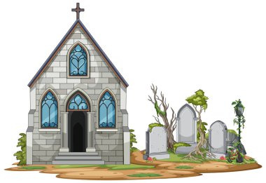 Gotik taş kilisesinin vektör çizimi ve mezar taşları, ağaçlar ve fenerle terk edilmiş mezarlık.