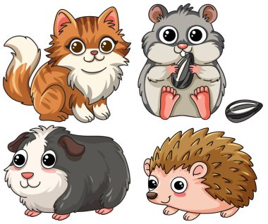 Beyaz arka planda kedi yavrusu, hamster, kobay ve kirpinin vektör çizimi