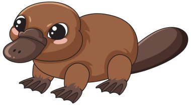 Dost canlısı kahverengi ornitorenk karakteri, büyük gözleri ve vektör tarzında perdeli ayakları var.