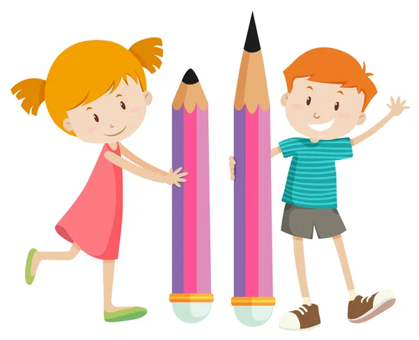 Garçon et fille avec crayons géants — Image vectorielle