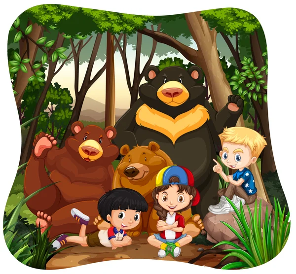 Дети и медведи гризли в джунглях — стоковый вектор