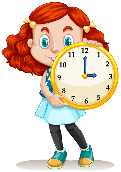 Chica sosteniendo un reloj redondo — Vector de stock
