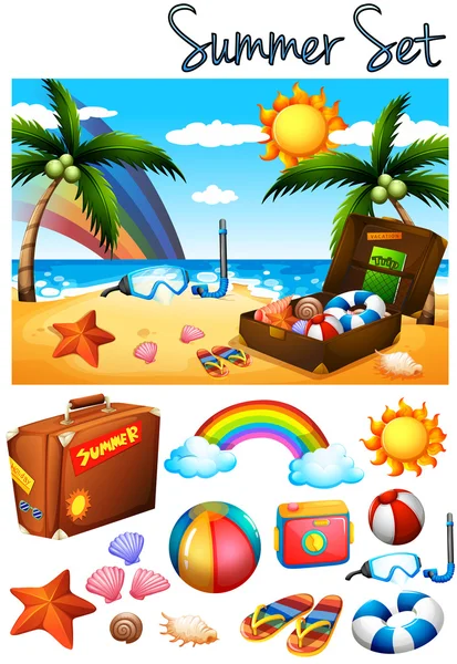 Sommerthema mit Spielzeug am Strand — Stockvektor