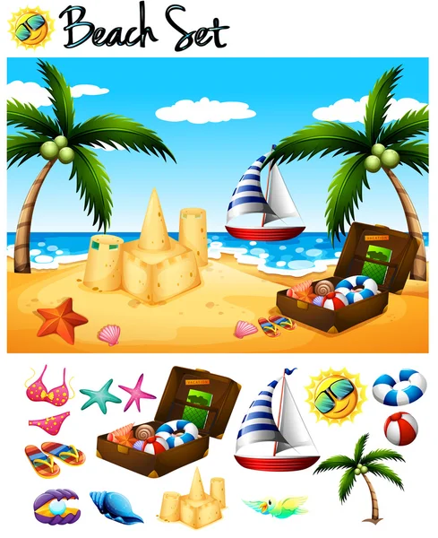 Objektumok Beach és a óceán színhely — Stock Vector