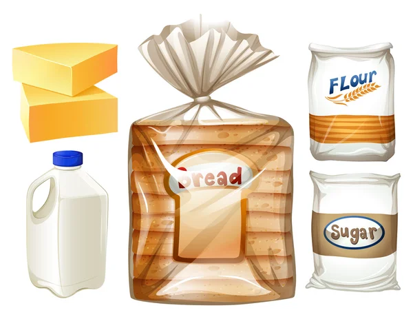 Set de alimentos con pan y leche — Vector de stock