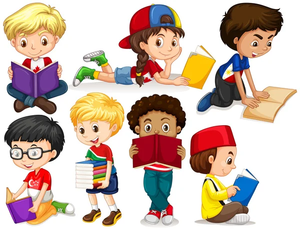 Pojkar och flicka läsa böcker — Stock vektor
