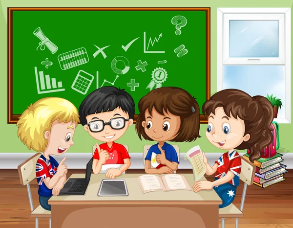 Niños trabajando en grupo en el aula — Vector de stock