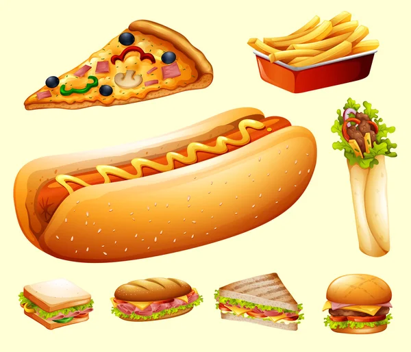 Set de alimentos con varios tipos de comida rápida — Vector de stock