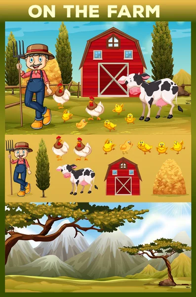 Agricultores y animales en las tierras de cultivo — Vector de stock