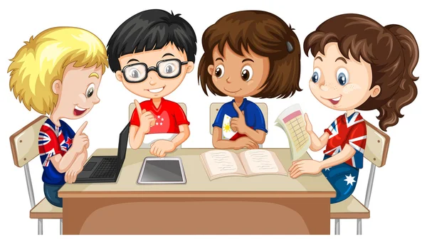 Niños y niñas que trabajan en grupo — Vector de stock