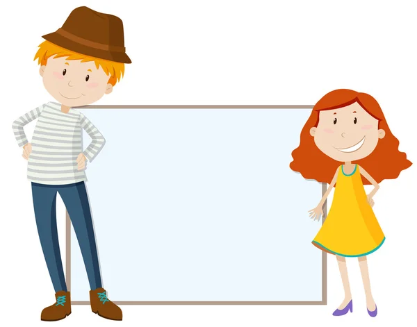 Tall man and short girl by the sign — Stock Illustration Tall man and short girl by the sign Stock Vector
