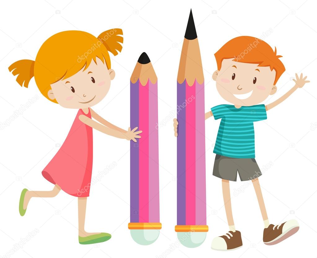 Boy and girl with giant pencils