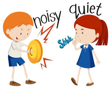 Opposite adjectives noisy and quiet