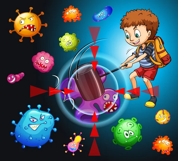 男孩与细菌的战斗 — 图库矢量图片