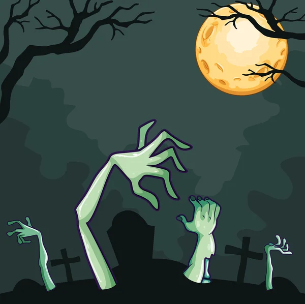 Zombies saliendo de la tumba por la noche — Vector de stock