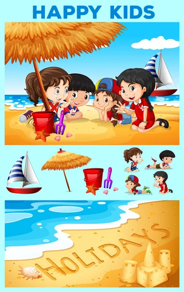 Children having fun on the beach — Stock Vector