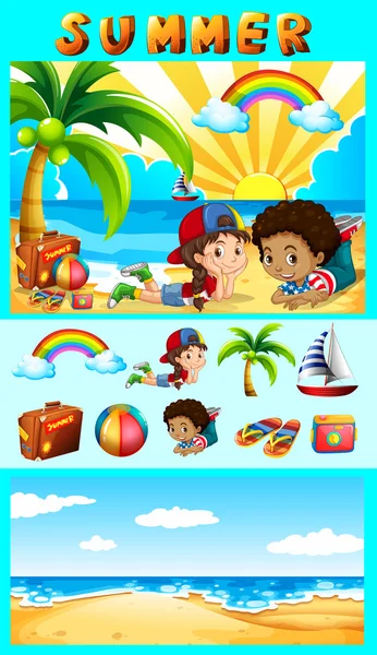 Set d'été avec enfants en mer — Image vectorielle