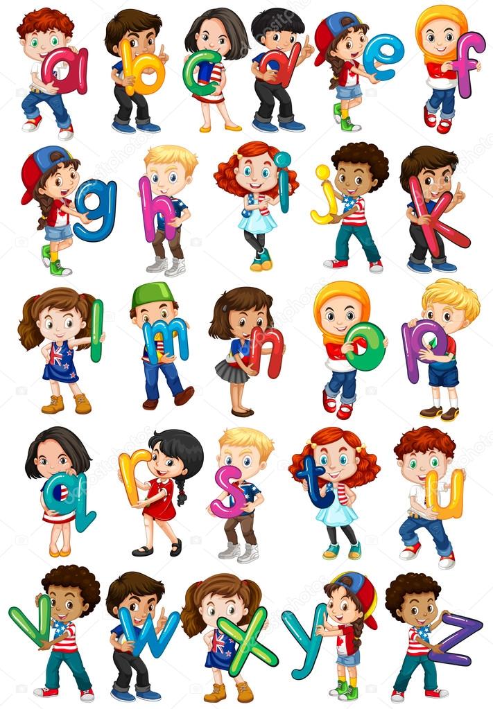 Children holding english alphabets