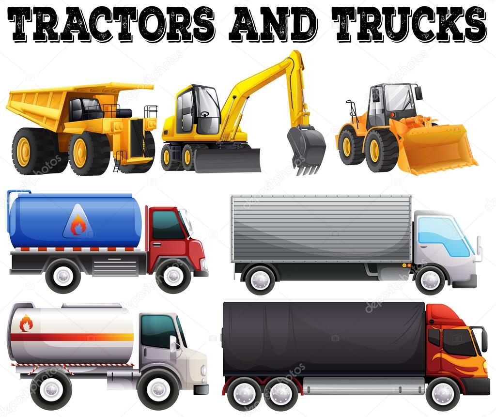 Different kind of tractors and trucks