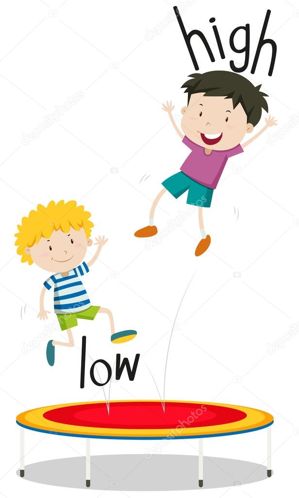 Two boys jumping on trampoline low and high