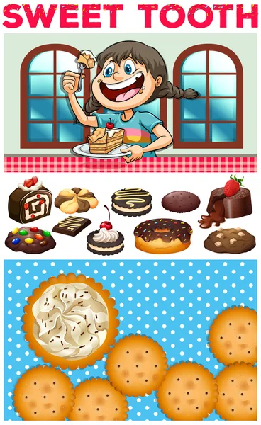 Girl eating dessert on table — Stock Vector