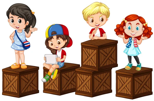 Τα παιδιά στα ξύλινα κουτιά — Διανυσματικό Αρχείο