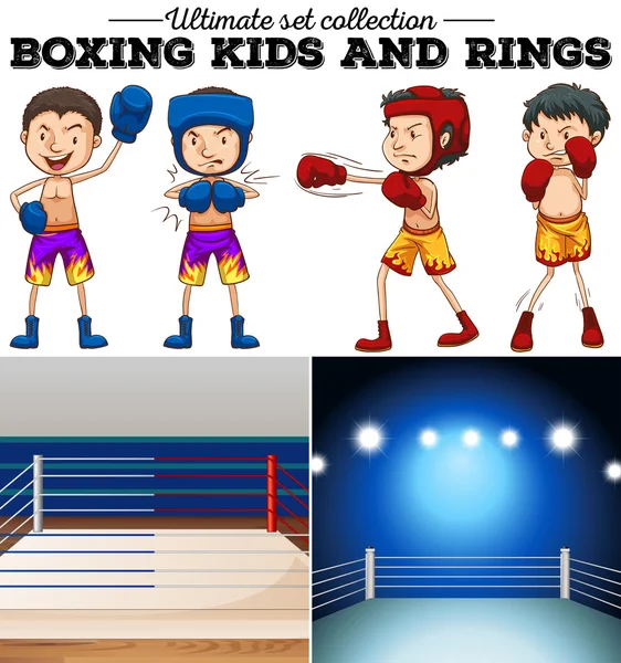 Boxeři a ring v modré a červené — Stockový vektor