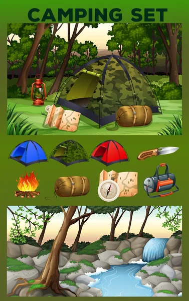 Equipo y campo de acampada — Vector de stock