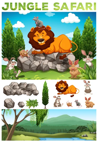 Animales salvajes en la selva safari — Vector de stock