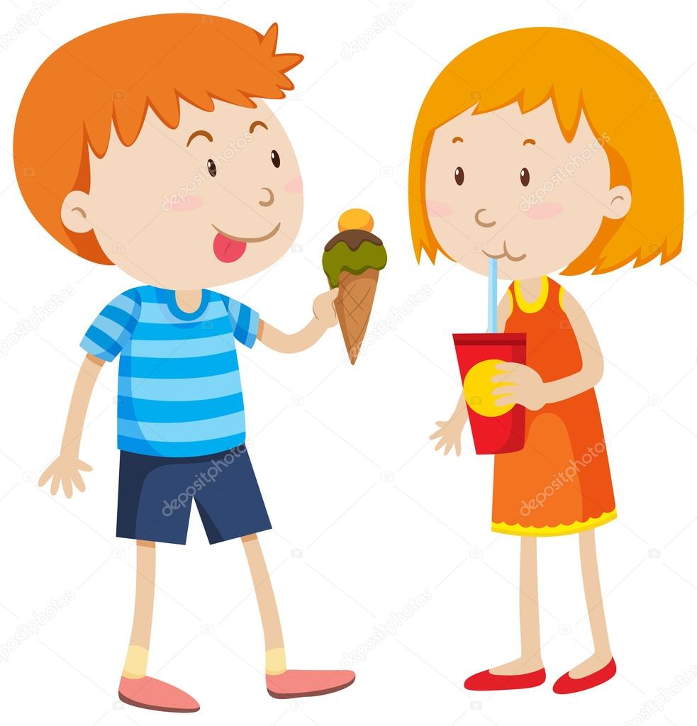 Boy eating icecream and girl drinking