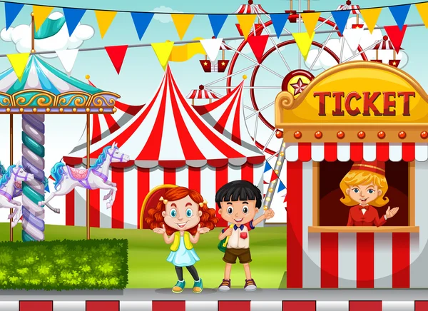 Niños en la taquilla del circo — Vector de stock