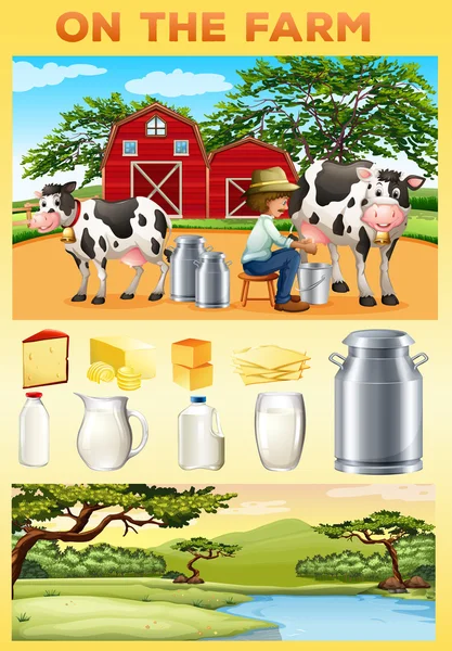 Тема ферми з фермером і молочними продуктами — стоковий вектор