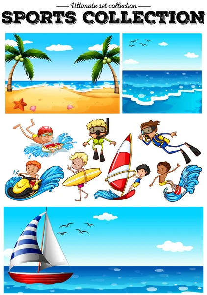 People doing water sports and beach scences — Stock Vector