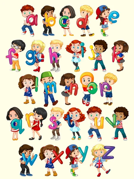 Jongens en meisjes met Engelse alfabet — Stockvector