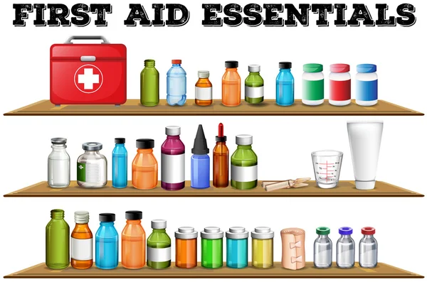 First aid essentials on the shelf — Stock Vector