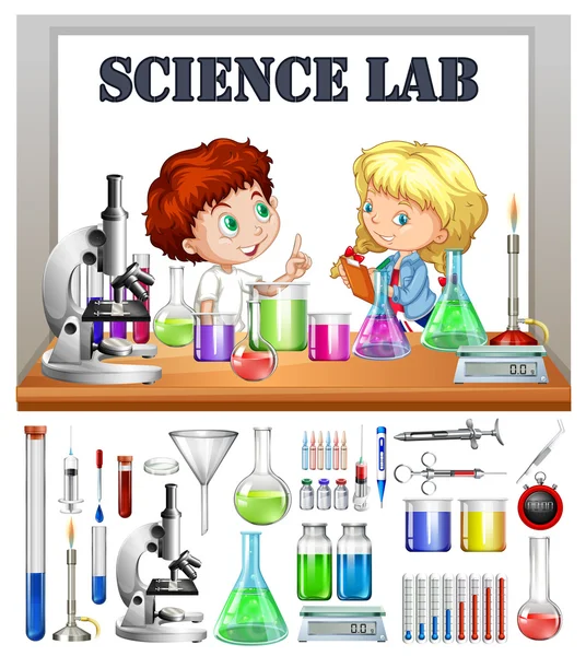 Niños trabajando en el laboratorio de ciencias — Vector de stock