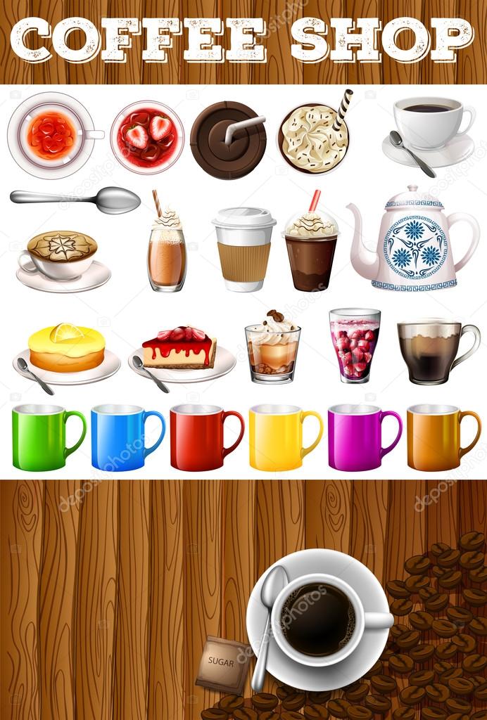 Diferentes tipos de bebidas y postres en la cafetería vector, gráfico  vectorial © blueringmedia imagen #90840502