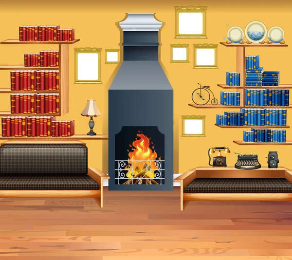 Salón con chimenea y estanterías — Vector de stock