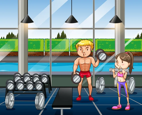 Mann und Frau trainieren im Fitnessstudio — Stockvektor