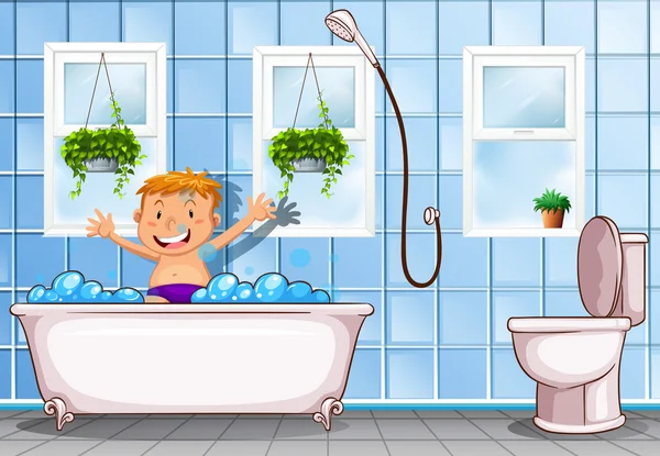 Мальчик принимает ванну в ванной — стоковый вектор