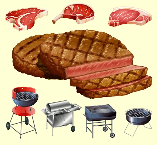 Verschiedene Arten von Fleisch und Grillgeräten — Stockvektor