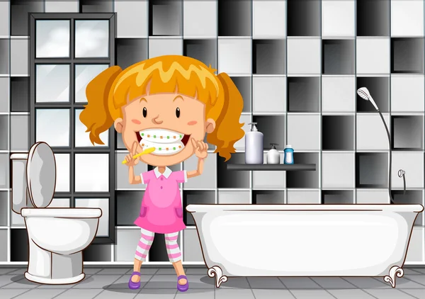 Liten flicka borsta tänderna i badrum — Stock vektor