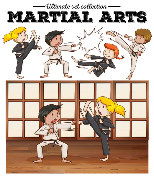 Boys and girls training martial arts Stock Illustration